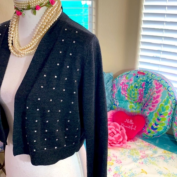 Calvin Klein gray wool blend open front sweater with rhinestones - Picture 3 of 9